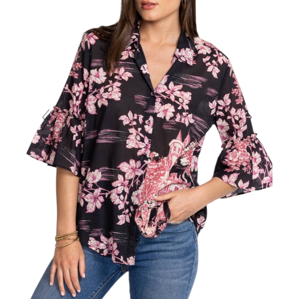 Johnny Was House On The Hill Shirt Black Pink Castle Motif Blouse Ruffle Sleeve